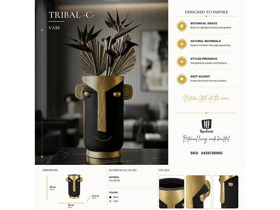 Vase Design Visage "Tribal" 40cm Noir & Or