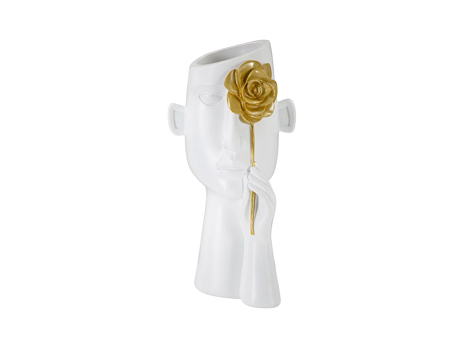 Vase en Polystyrène "Face avec Fleur" - 14x13x27 cm, Design Cubiste avec Fleur Dorée, Blanc et Or