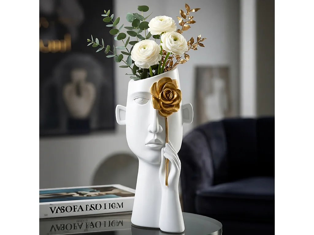 Witte en gouden vaas met harsgezicht, 14x13x27 cm