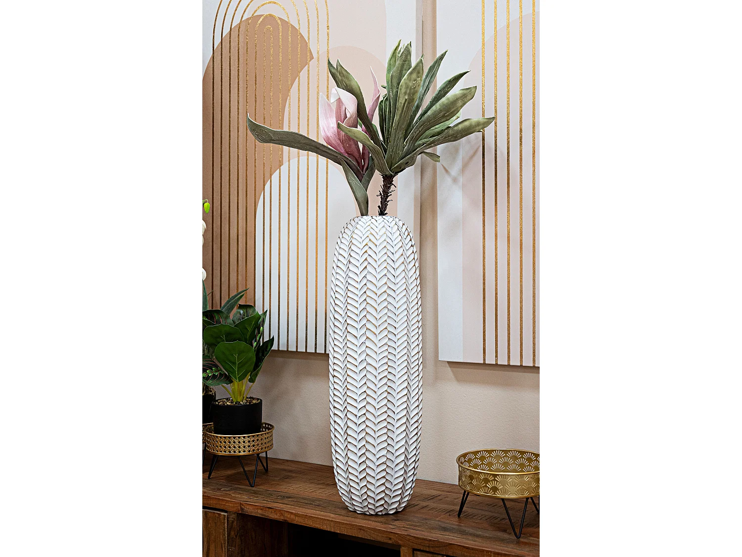 Vase Déco en Résine "Leaf" 67cm Blanc