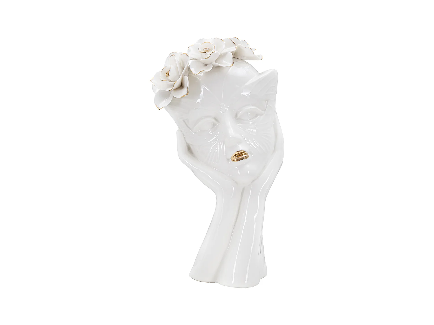 Vase en Porcelaine "Woman Mask" - 16,5x14x27,3 cm, Design Visage de Femme avec Couronne de Fleurs et Masque Vénitien, Blanc et Or