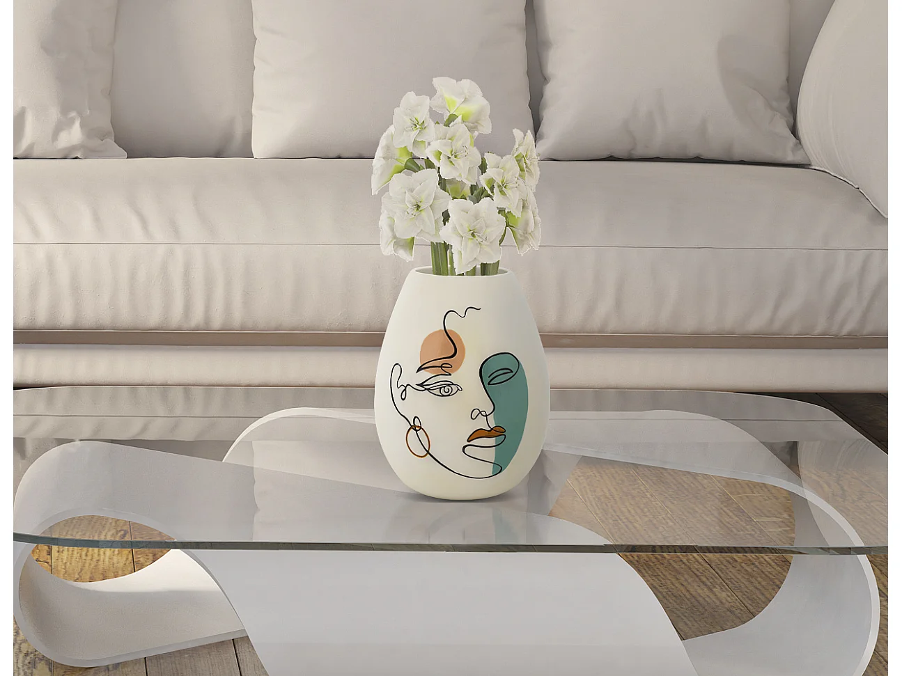 Vase en résine blanche face peinte Ø 22,5x29 cm