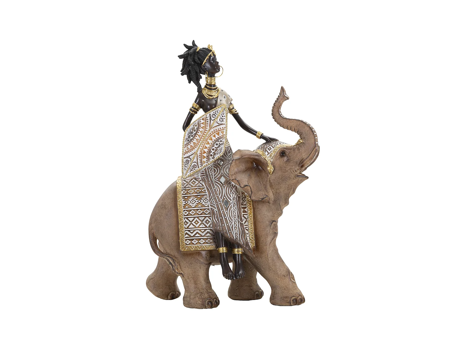 Statuette Masai Tribale avec Élégant Éléphant - Figurine d'Indigène Assise sur Éléphant, 22,5x12x32,5 cm, Multicolore