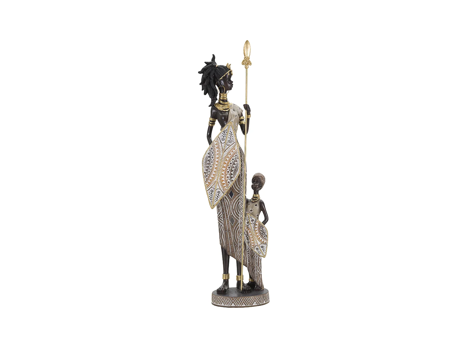 Statuette Tribale Masai avec Lancia et Scudo - Figurine d'Indigène avec Enfant, 11,5x8,5x46 cm, Multicolore