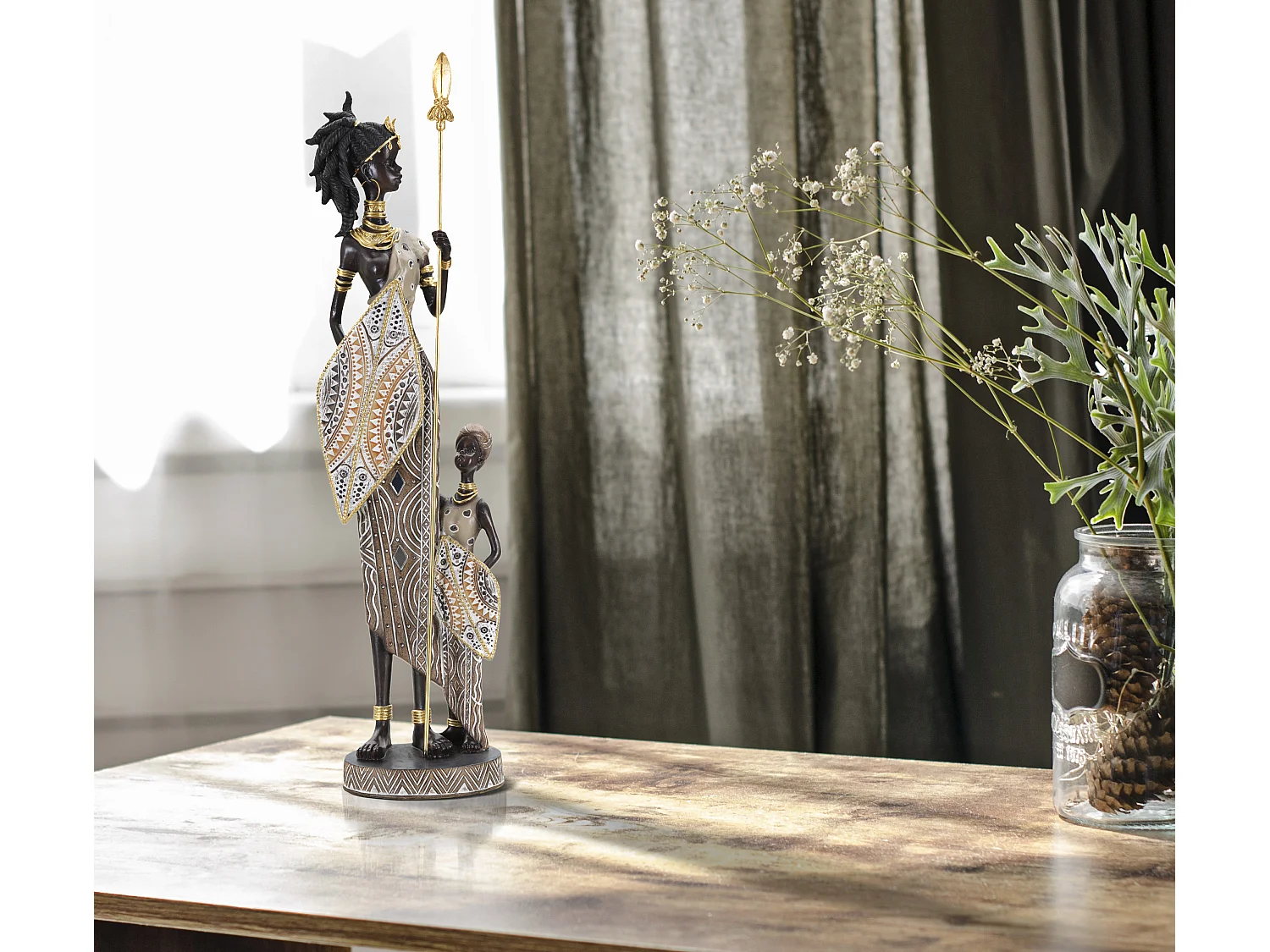 Statuette Déco Femme & Enfant "Tribal Masai" 46cm Multicolore