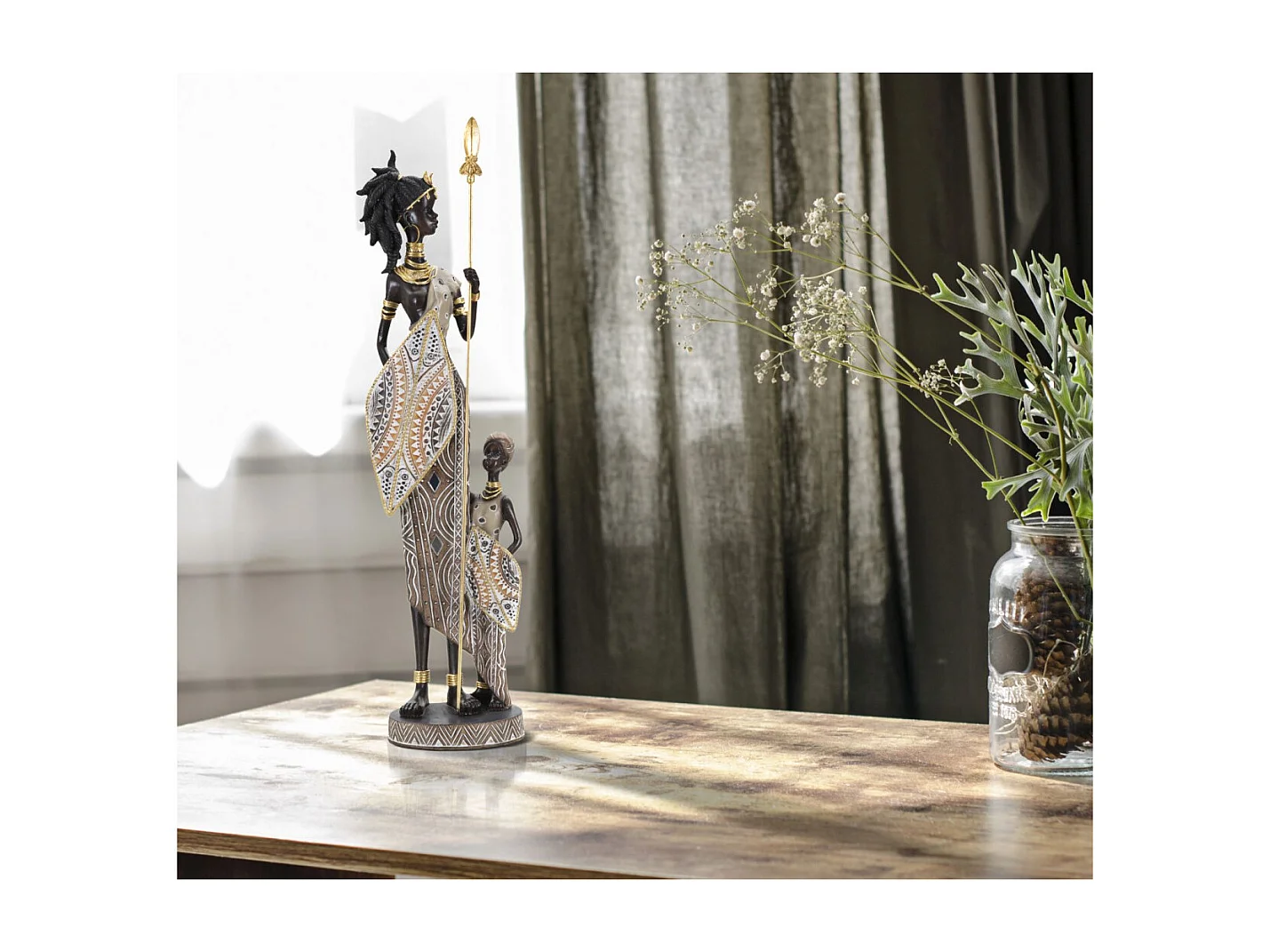 Statuette Déco Femme & Enfant "Tribal Masai" 46cm Multicolore