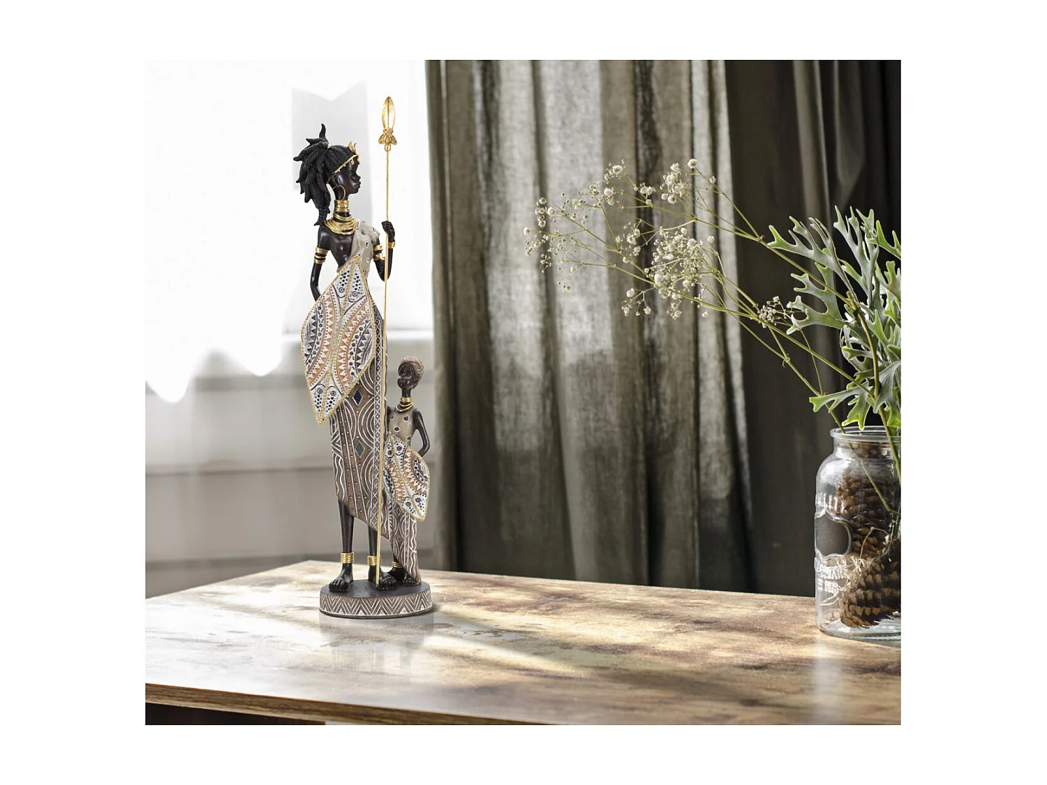 Statuette Déco Femme & Enfant "Tribal Masai" 46cm Multicolore