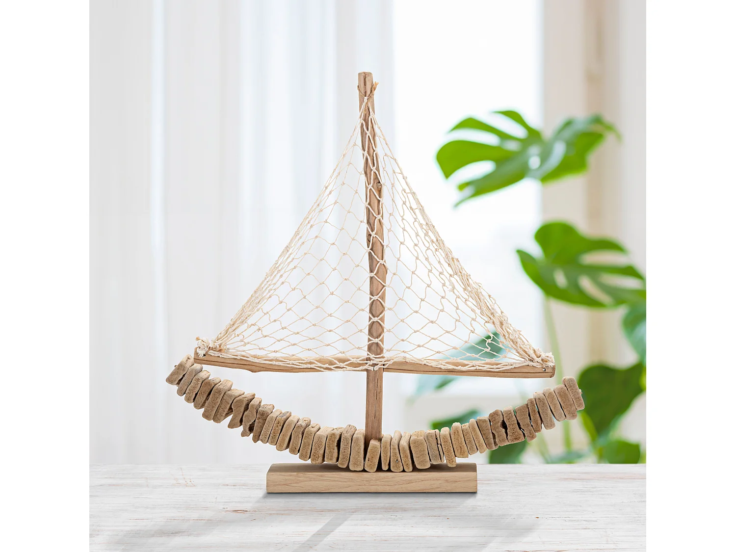 Escultura De Veleiro Em Madeira Com Rede Em Tecido 45x45x7cm Enok Mauro Ferretti