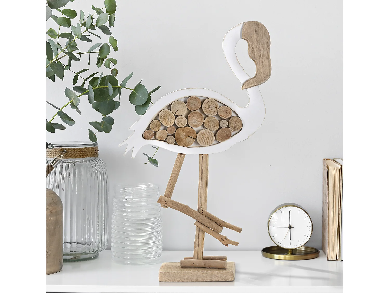 Statue Flamant Rose en Bois "Tanoak" 56cm Naturel & Blanc