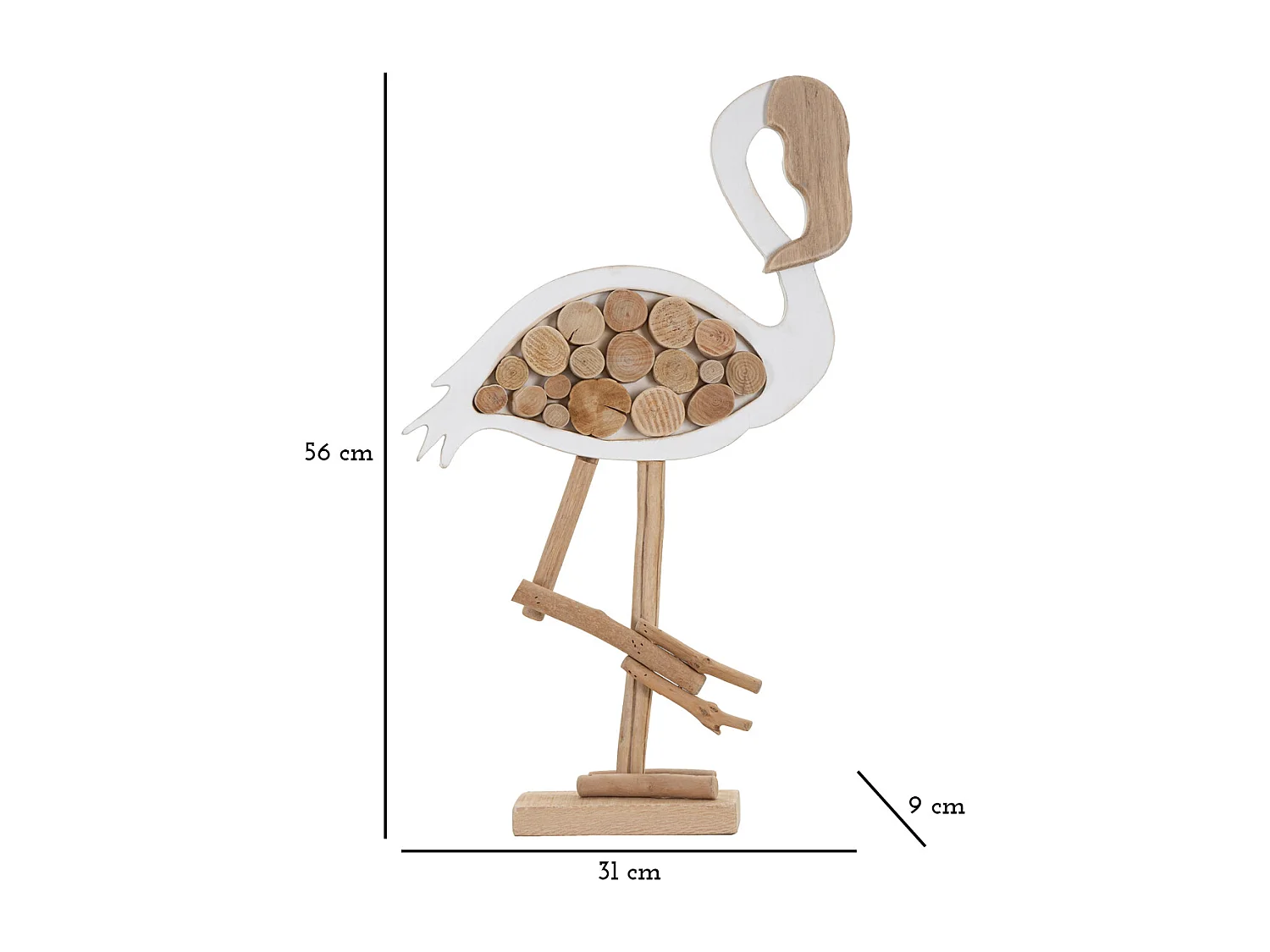 Statue Flamant Rose en Bois "Tanoak" 56cm Naturel & Blanc