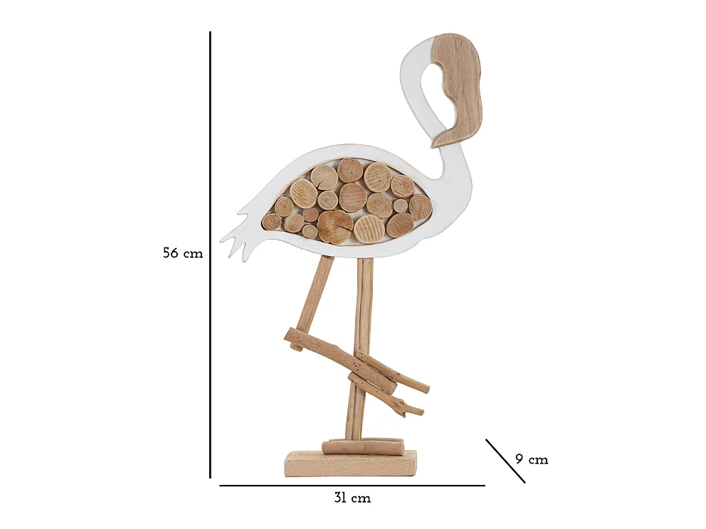 Statue Flamant Rose en Bois "Tanoak" 56cm Naturel & Blanc