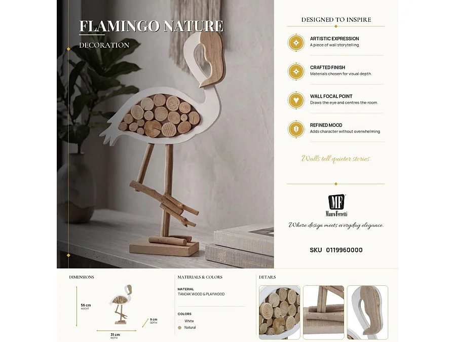 Statue Flamant Rose en Bois "Tanoak" 56cm Naturel & Blanc