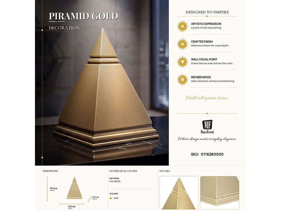 Gouden metalen piramide 11,5x11,5x15,5 cm