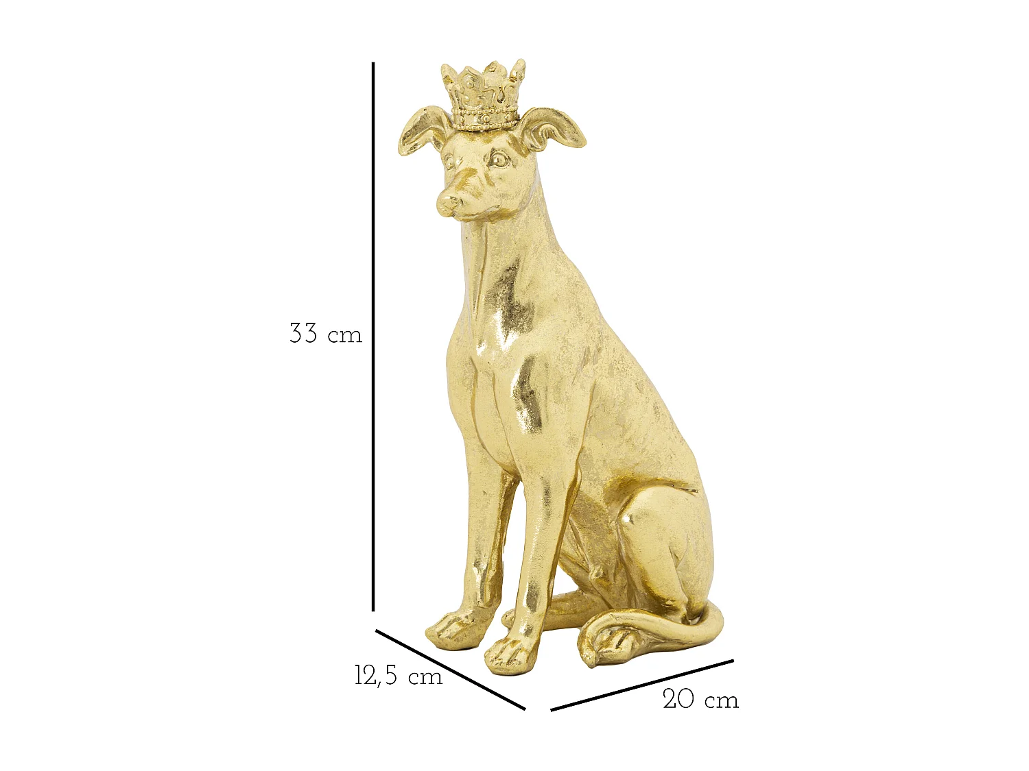 Statua di cane seduto con corona in resina dorata cm 20x12,5x33