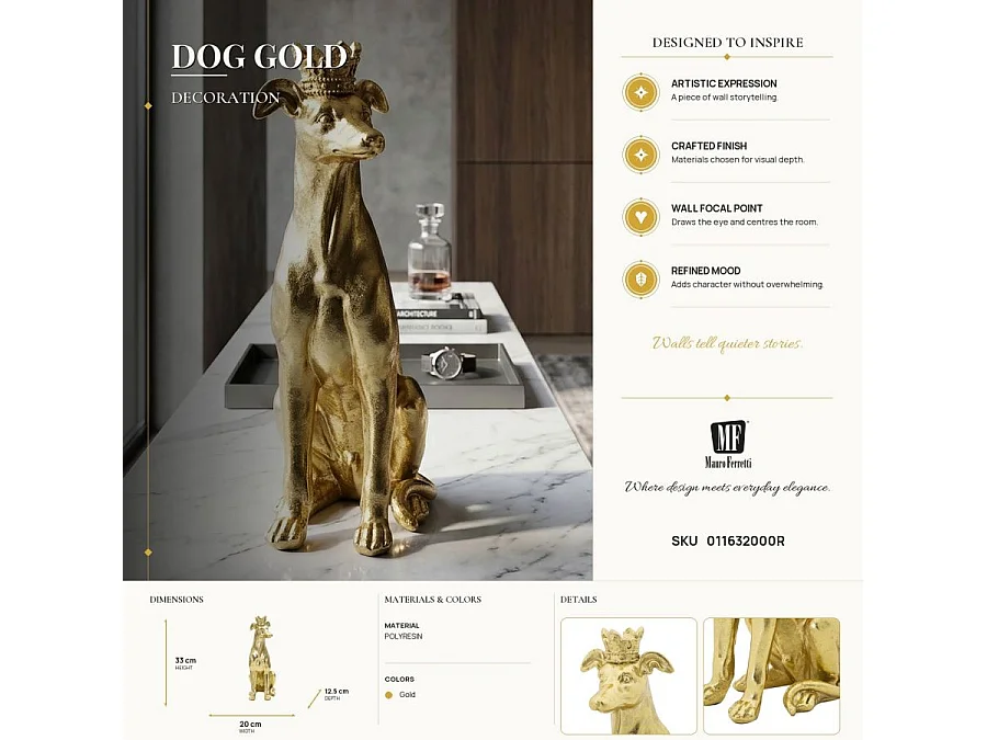 Statuette Déco Chien "Couronne" 33cm Or