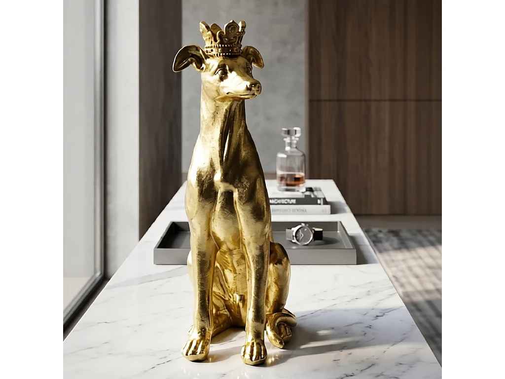 Statue sitzender Hund mit Krone aus Kunstharz goldfarben 20x12,5x33 cm