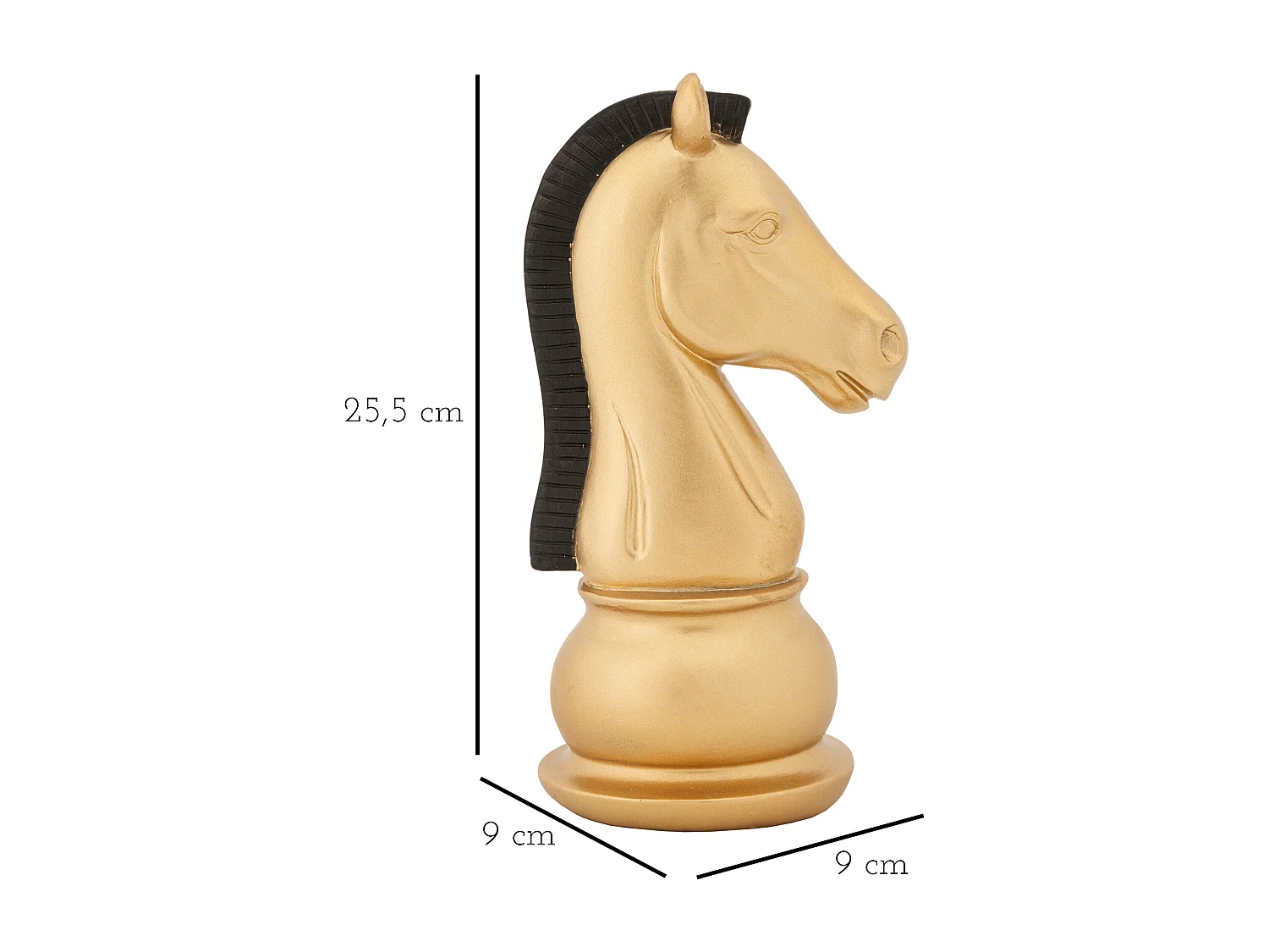 Cavallo degli scacchi in resina dorato e nero Ø cm 10,5x8,5x19