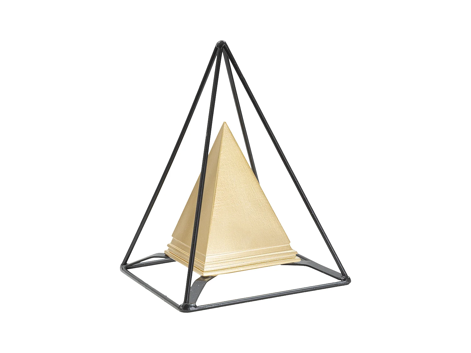 Décoration double pyramide en résine et fer, finition dorée et contraste noir, design élégant et mystique, 15x15x21 cm