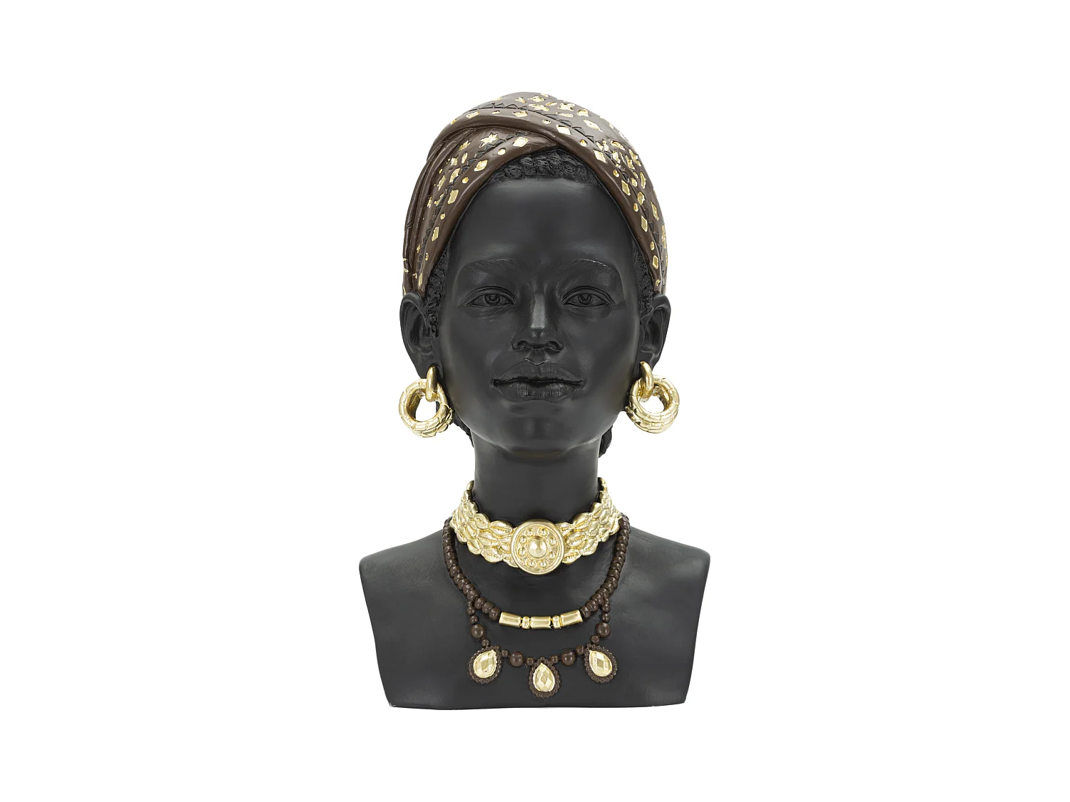 Masai femme tête sculpture avec coiffe et bijoux traditionnels - 19x18,5x30 cm - statue tribale en résine noire et couleurs mixtes.