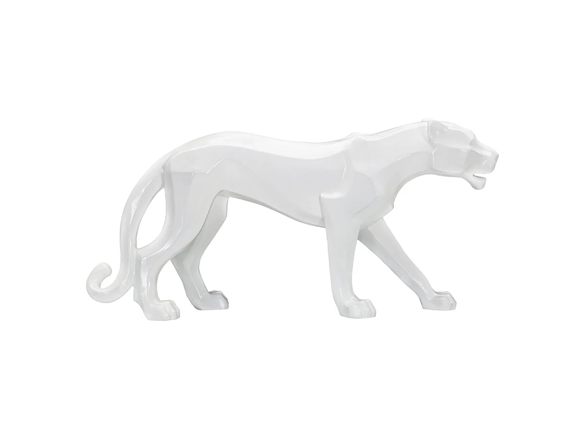 Dekorativ panterstatue i geometrisk kubistisk stil lavet af hvid polyresin – 70 x 18 x 32,5 cm – Glamourøs designer boligtilbehør