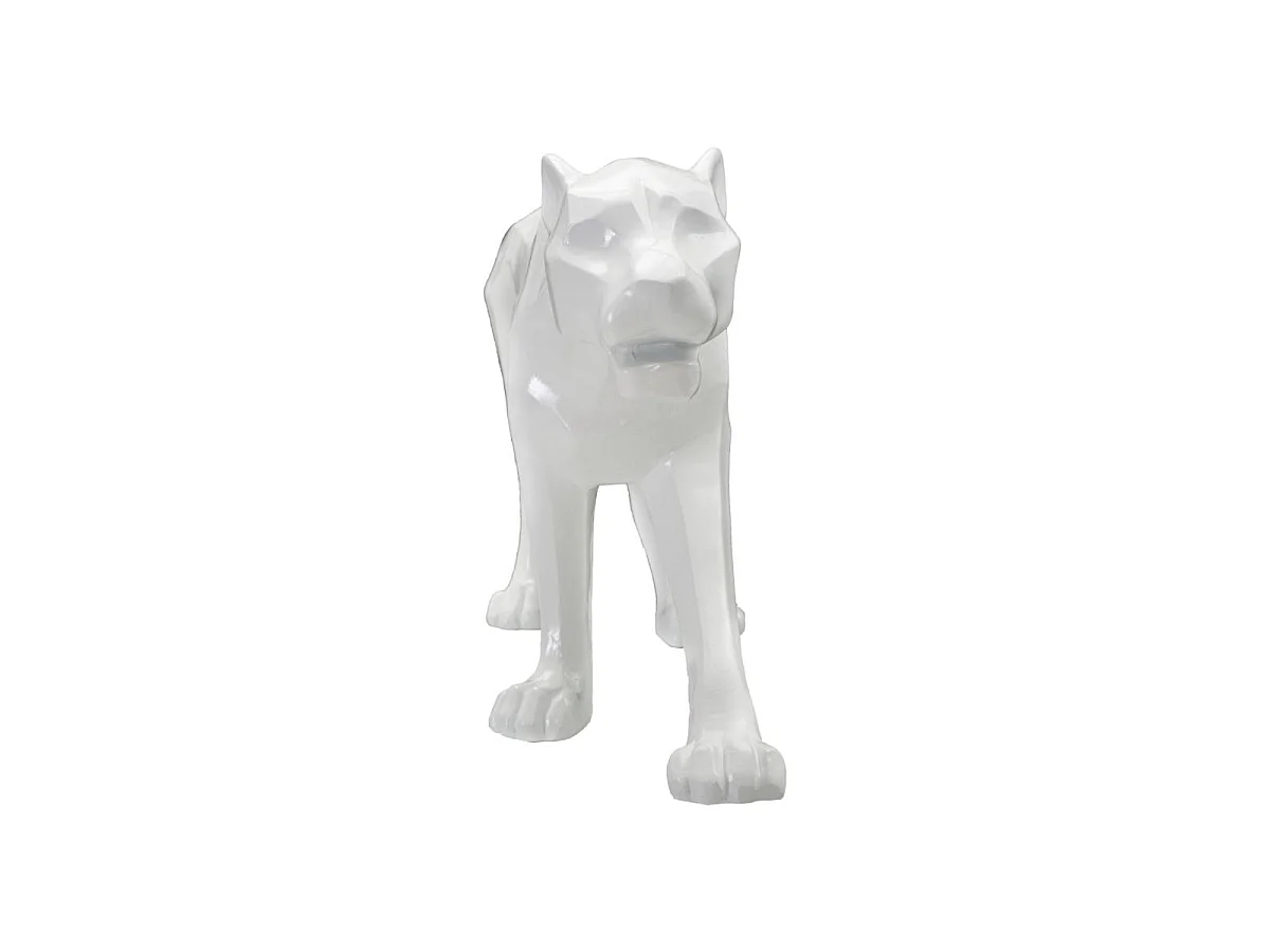 Dekorativ panterstatue i geometrisk kubistisk stil lavet af hvid polyresin – 70 x 18 x 32,5 cm – Glamourøs designer boligtilbehør