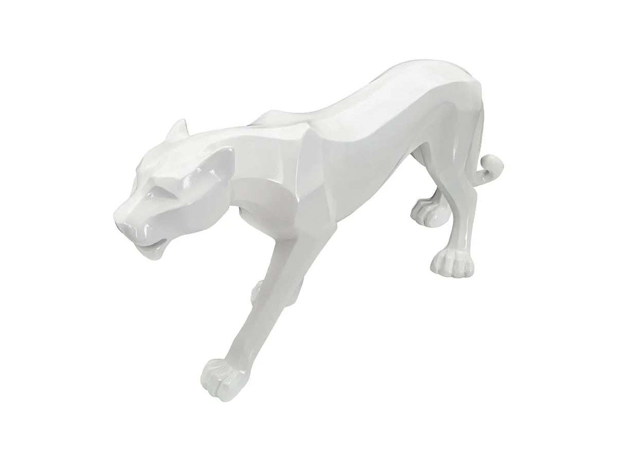 Dekorativ panterstatue i geometrisk kubistisk stil lavet af hvid polyresin – 70 x 18 x 32,5 cm – Glamourøs designer boligtilbehør