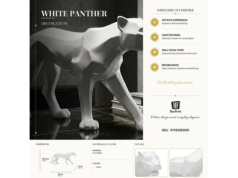 Dekorativ panterstatue i geometrisk kubistisk stil lavet af hvid polyresin – 70 x 18 x 32,5 cm – Glamourøs designer boligtilbehør