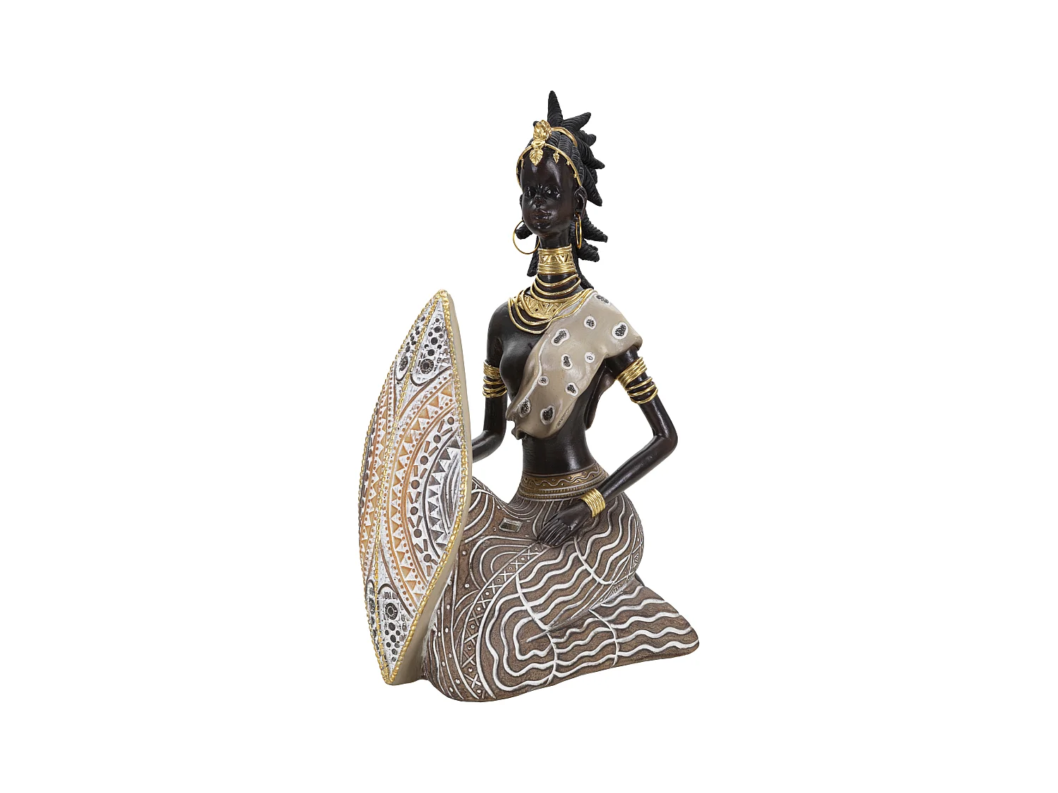 Statuette d'Indigène Assise avec Bouclier - Figurine Masai Tribale, 13,5x9x24,5 cm, Multicolore