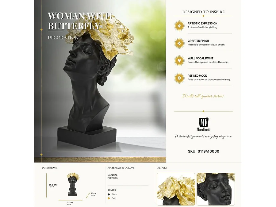 Statuetta a forma di testa di donna in resina nera cm 21x20x36,5