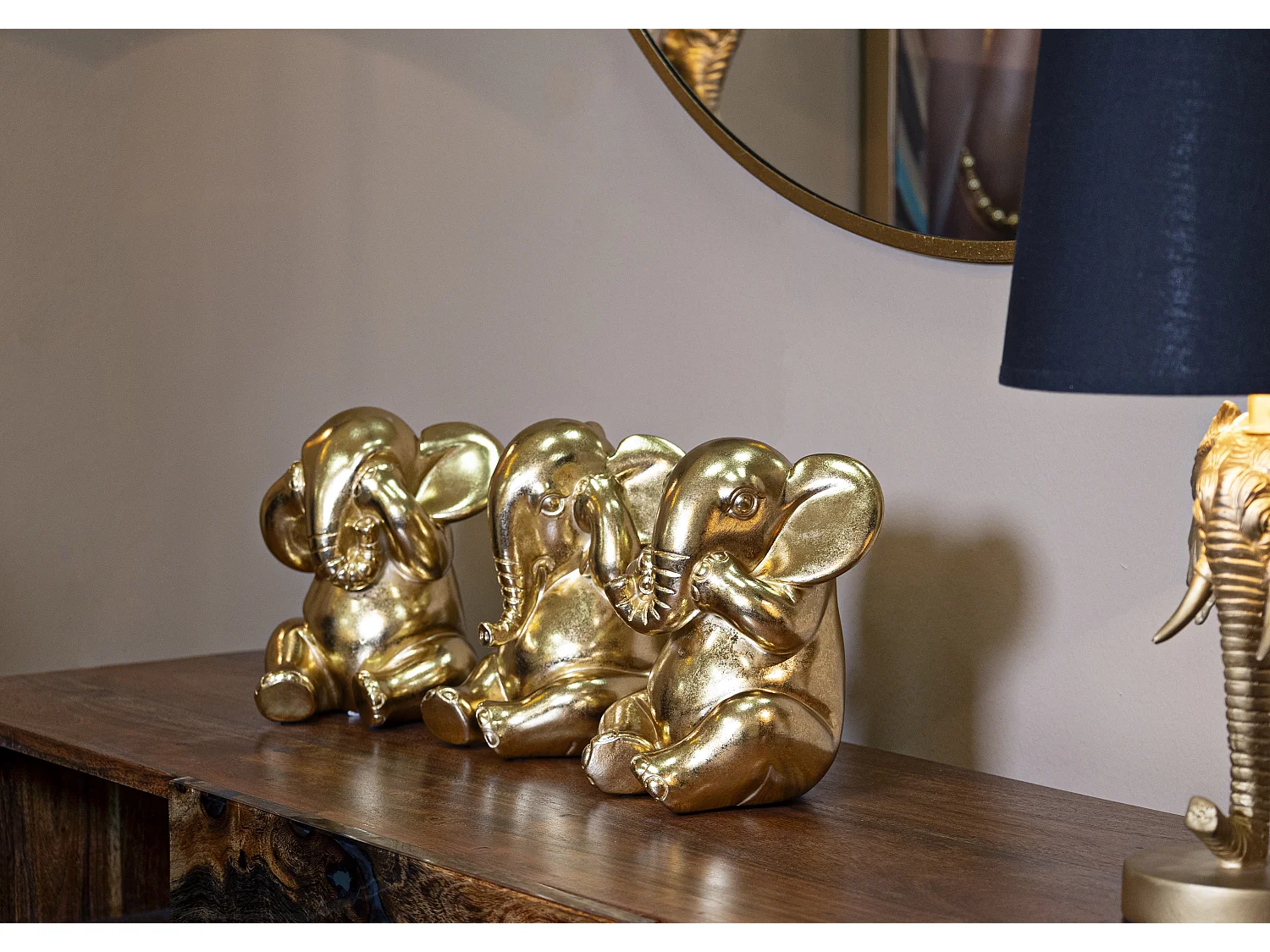 Lot de 3 Statuettes en Résine "Éléphants" 20cm Or