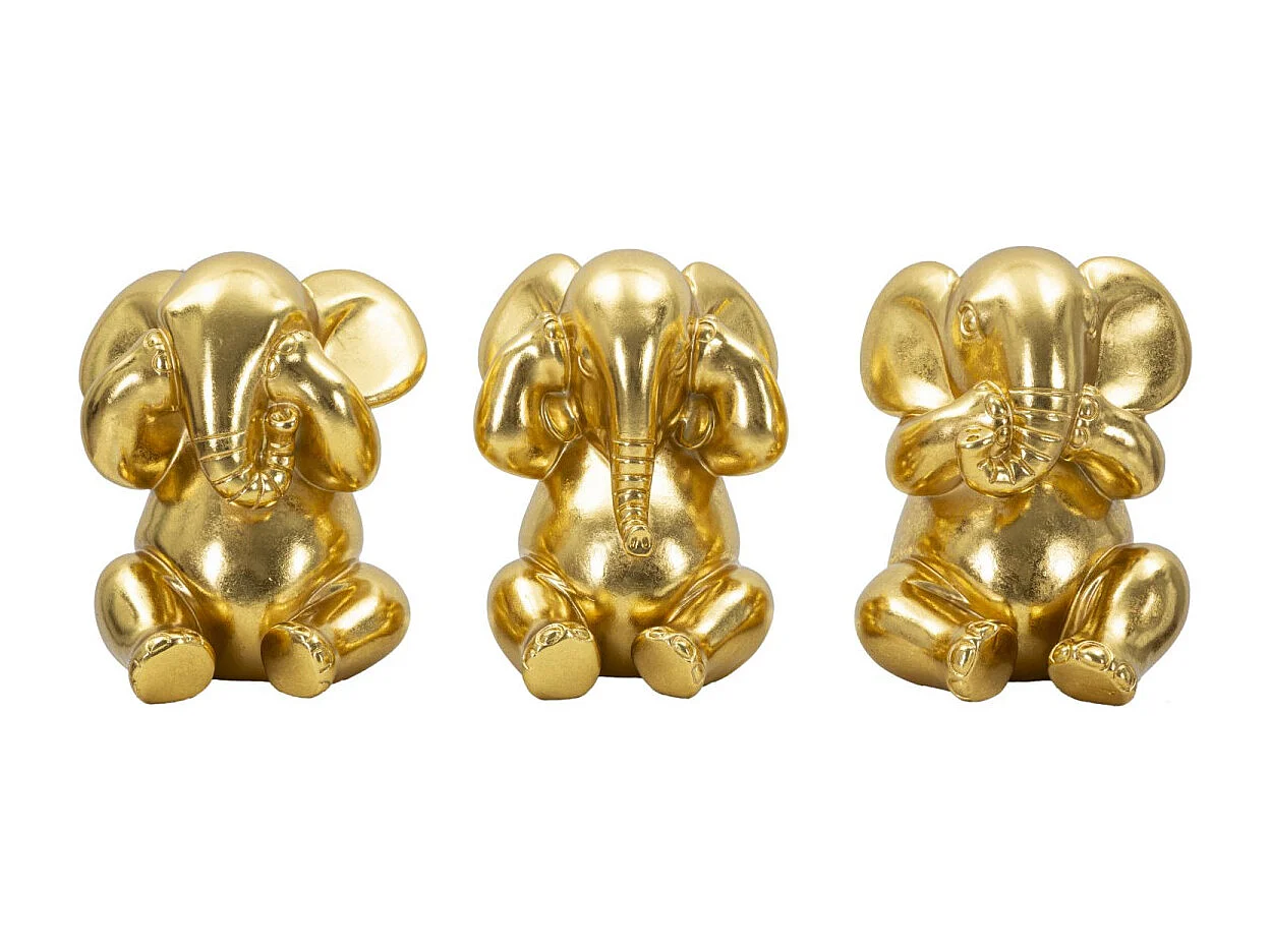 Lot de 3 Statuettes en Résine "Éléphants" 20cm Or