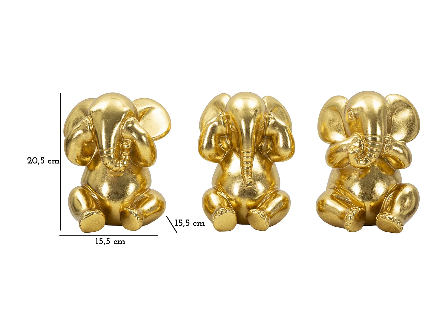 Lot de 3 Statuettes en Résine "Éléphants" 20cm Or