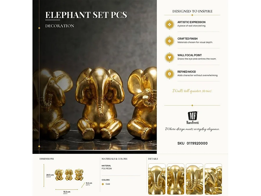 Set van 3 gouden hars olifanten Ø 15,5x20,5 cm