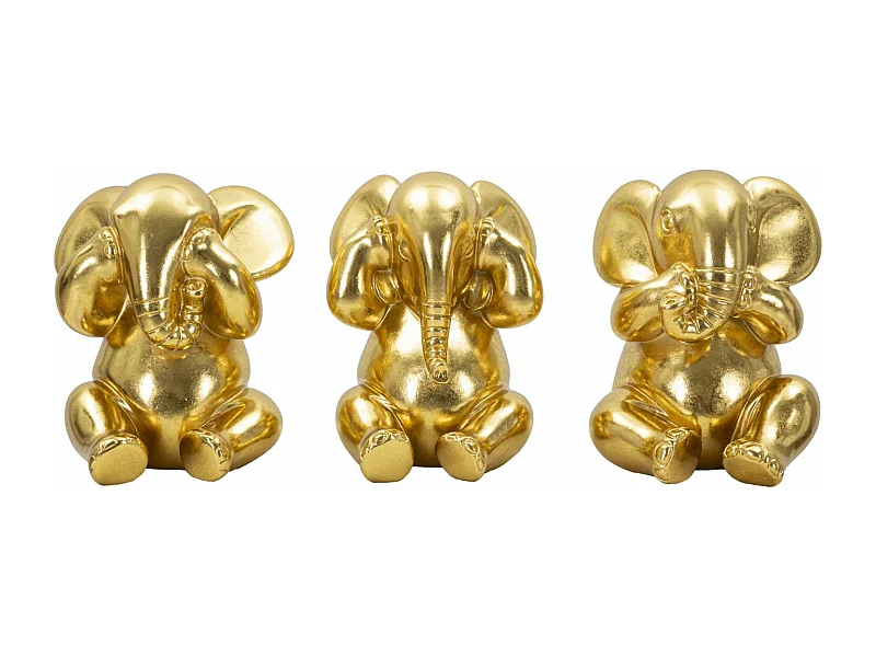 Lot de 3 Statuettes en Résine "Éléphants" 20cm Or