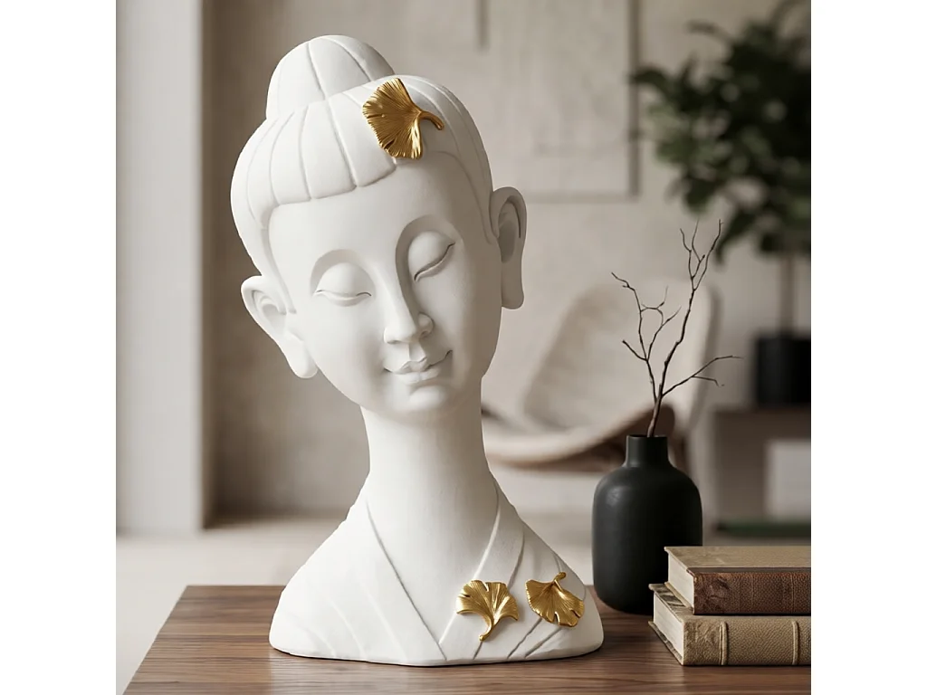 Figurka dekoracyjna Buddha - A, kolor biały i złoty, żywica syntetyczna, 21,5 x 16 x 35 cm