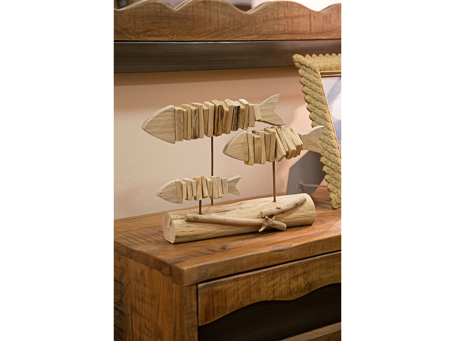 Statuette Banc de Poisson en Bois "Tanoak" 37cm Naturel