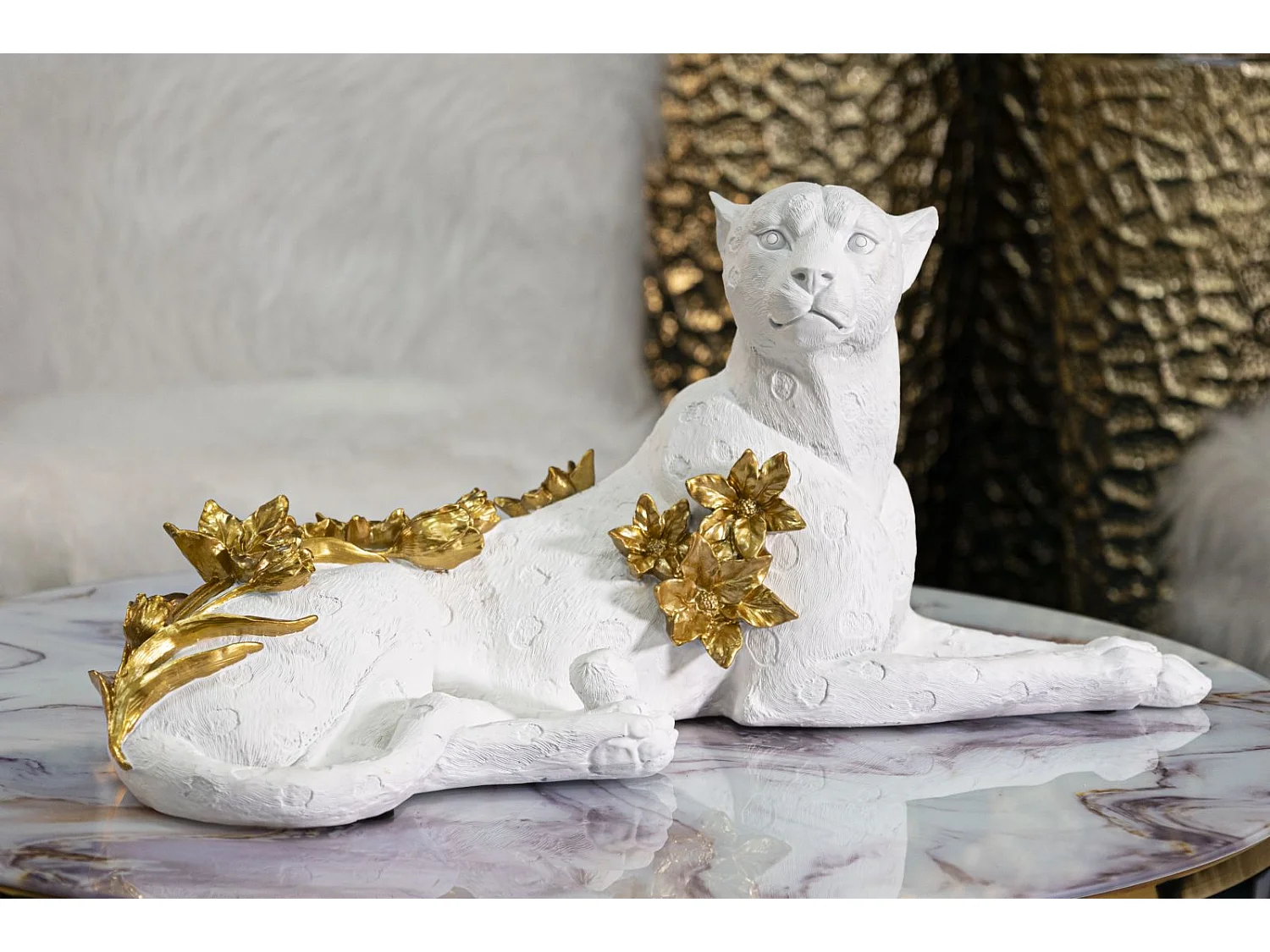 Statue Déco en Résine "Léopard Couché" 53cm Blanc
