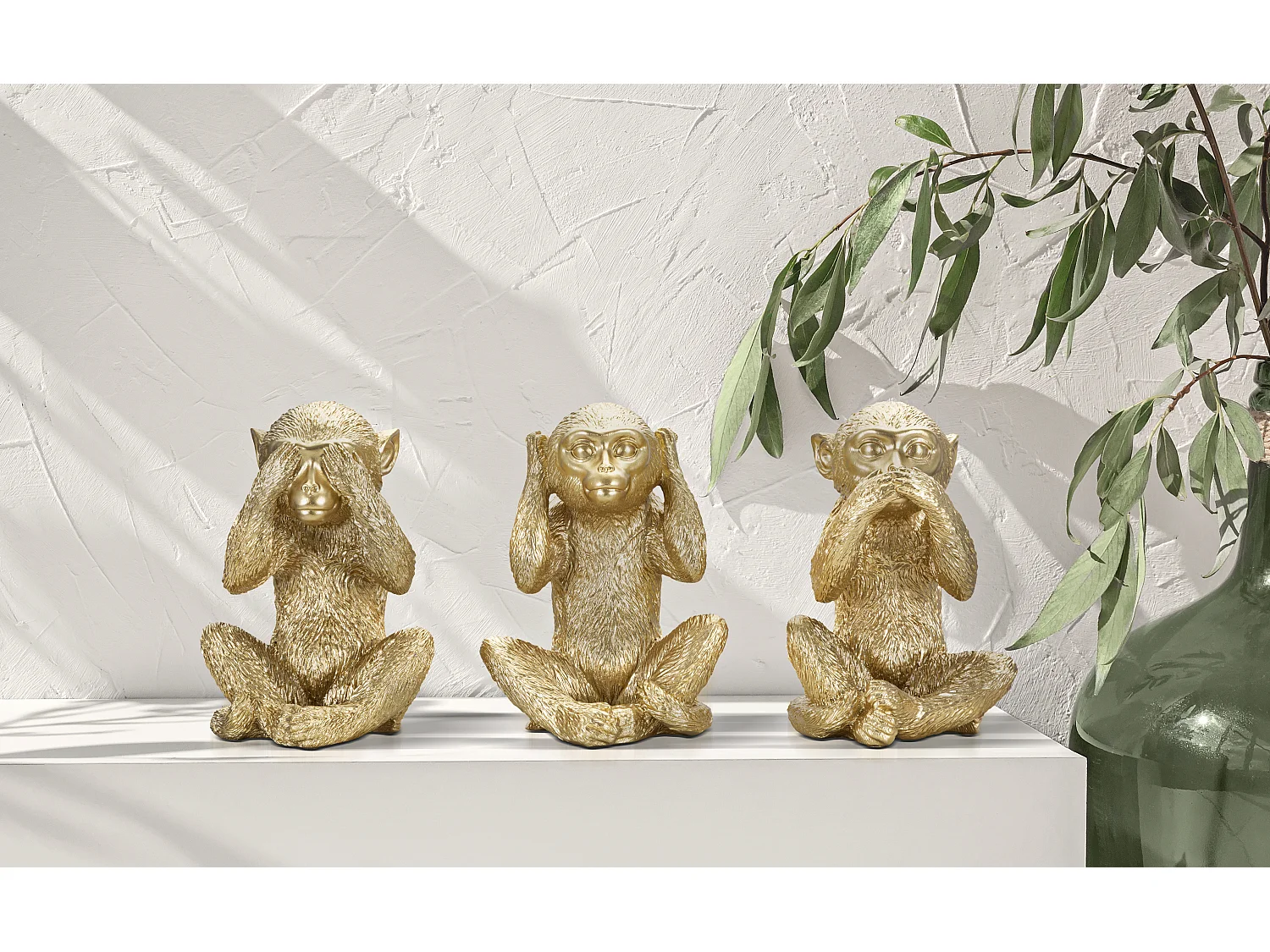 Set de 3 Singes - "Je ne Vois, Je ne Entends, Je ne Parle Pas", 13x14x19,5 cm, Doré