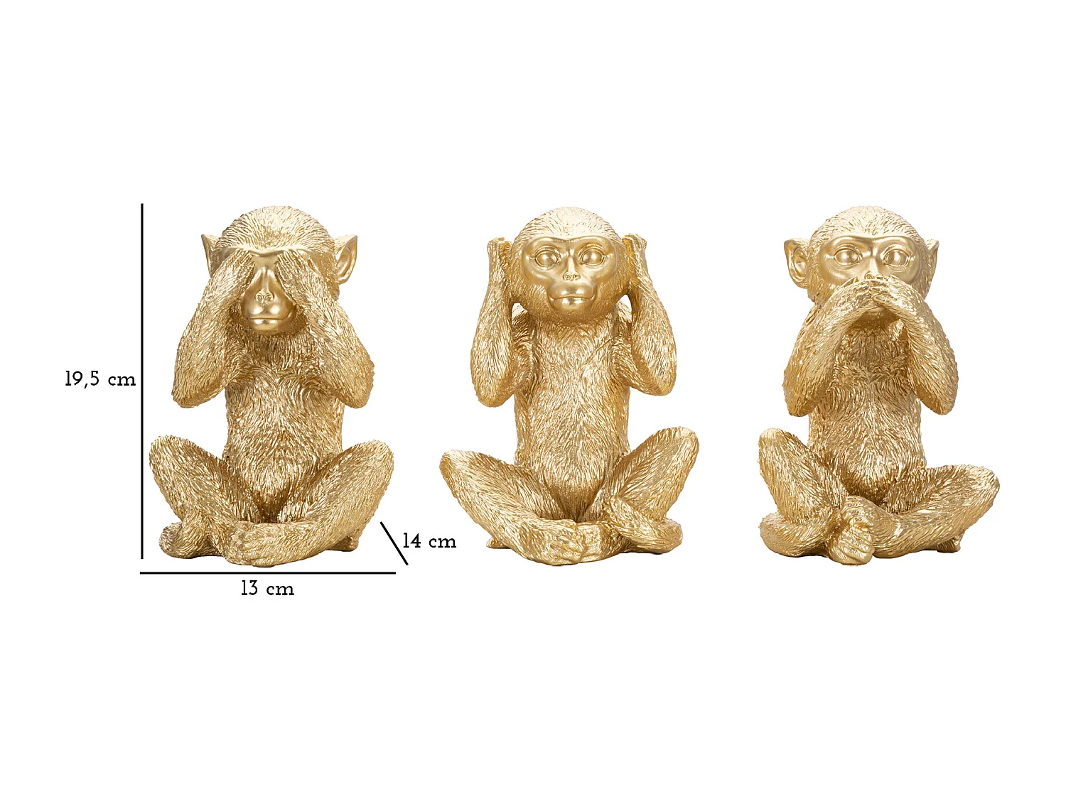 Set de 3 Singes - "Je ne Vois, Je ne Entends, Je ne Parle Pas", 13x14x19,5 cm, Doré