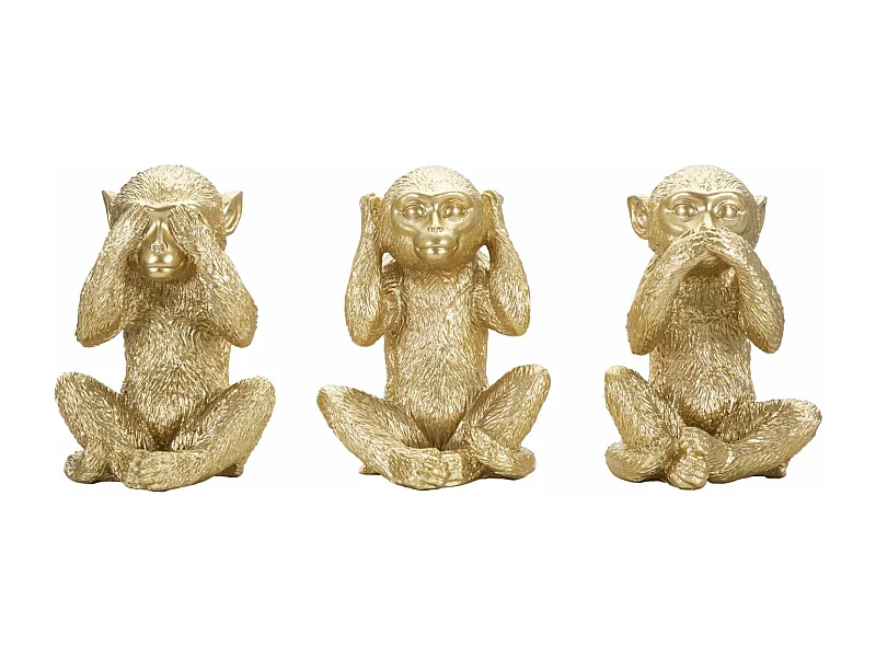 Set de 3 Singes - "Je ne Vois, Je ne Entends, Je ne Parle Pas", 13x14x19,5 cm, Doré