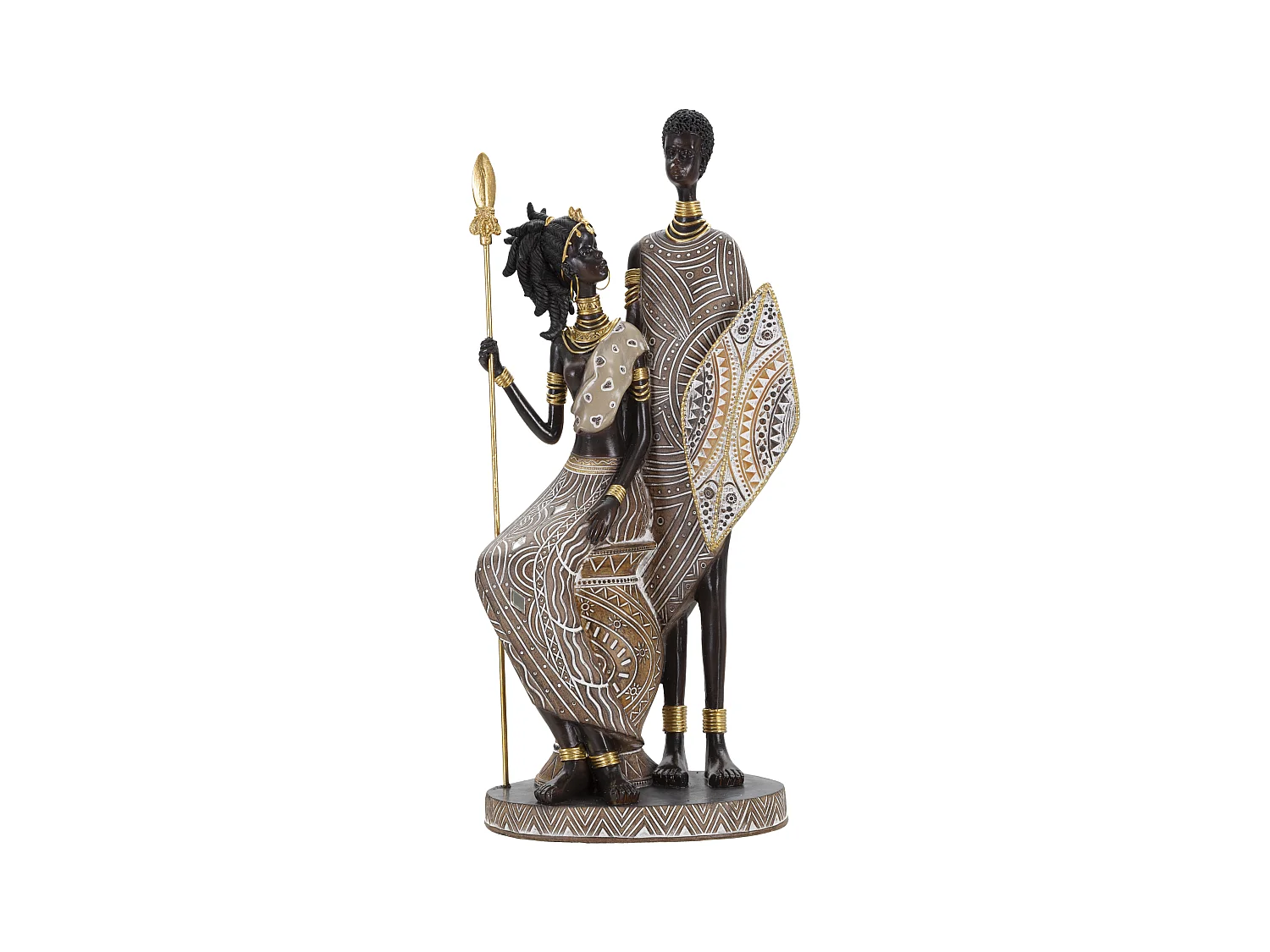Statuette de Couple Masai Tribale avec Lance et Bouclier - Figurine d'Indigènes, 16,5x11,5x38 cm, Multicolore