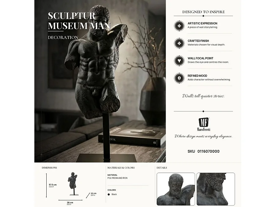 Zwarte harssculptuur met metalen voet 26x22x57,5 cm
