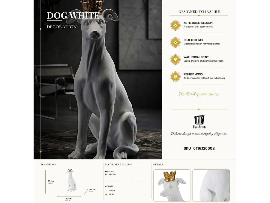 Statuette Déco Chien "Couronne" 33cm Blanc