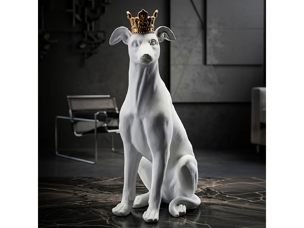 Statue sitzender Hund aus Kunstharz weiß mit goldfarbener Krone 20x12,5x33 cm