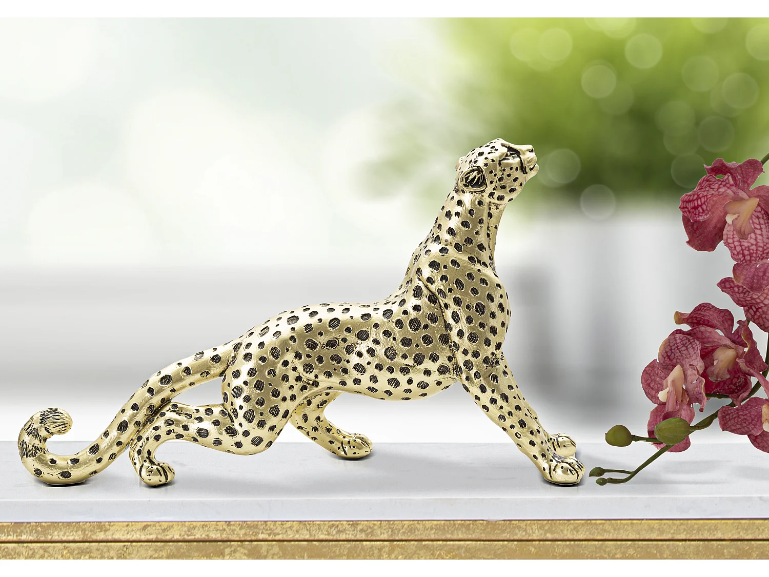 Statua di leopardo in resina dorata cm 33x7,7x19,5