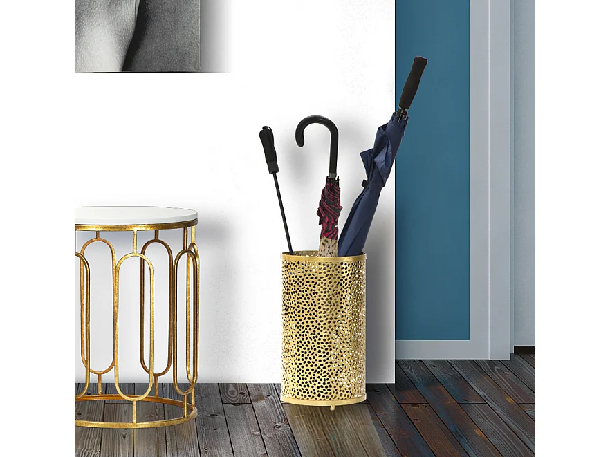 Porte parapluie sculpté en métal doré Ø 24x43 cm