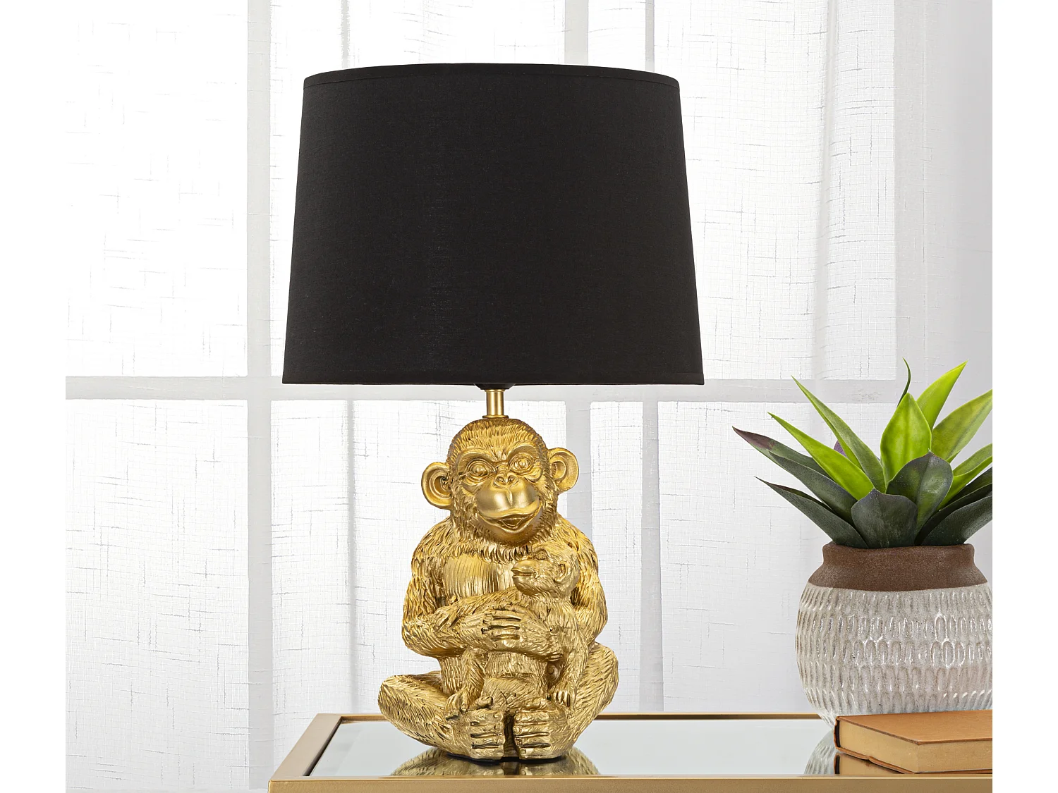 Lampe à Poser Design "Monkey Mum" 49cm Or & Noir