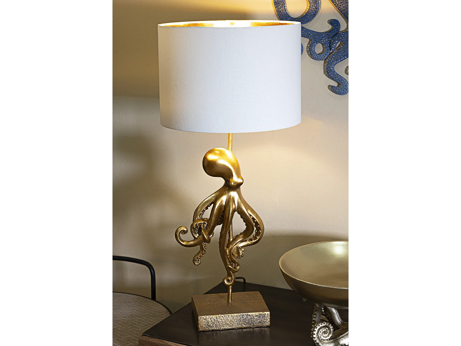 Lampe à Poser en Résine "Pieuvre" 64cm Or & Blanc