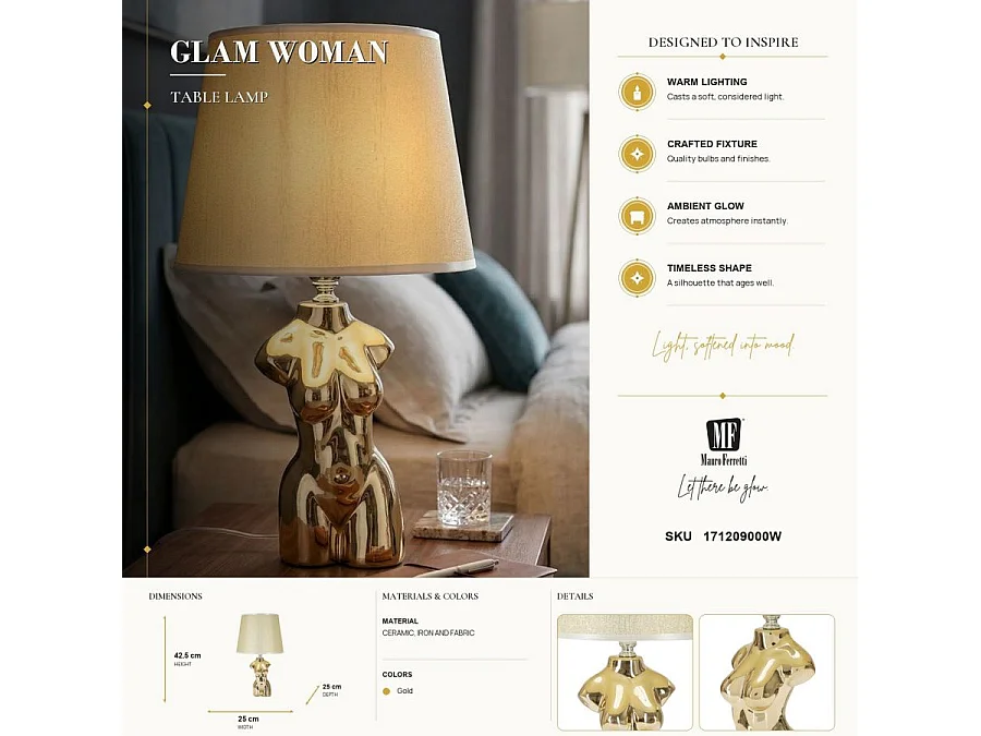 Lampa stołowa Glam Woman, kolor złoty, ceramika, 25 x 25 x 39,5 cm, 1 x E27, max. 40 W