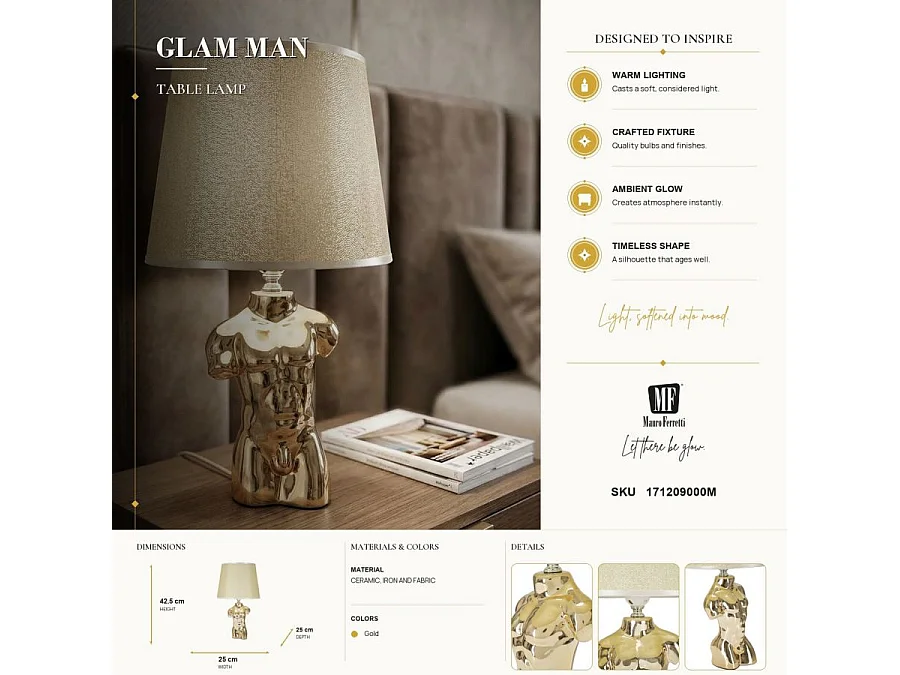 Lampa stołowa Glam Man, kolor złoty, 25 x 25 x 42,5 cm, 1 x E27, max. 40 W, Mauro Ferretti